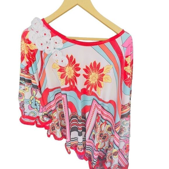 WANDA BEAUCHAMP Asian Floral Embellished Asymmetrical Hem One Sleeve Poncho Blou - Picture 4 of 8